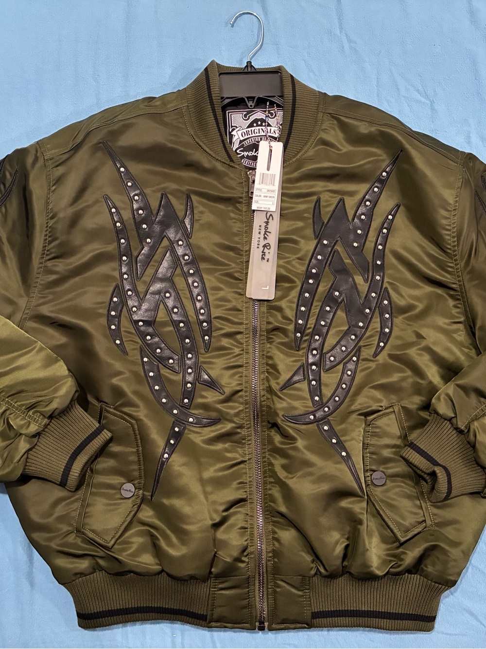 Smoke Rise Men’s Olive Green Bomber Jacket with Studded Embellishment